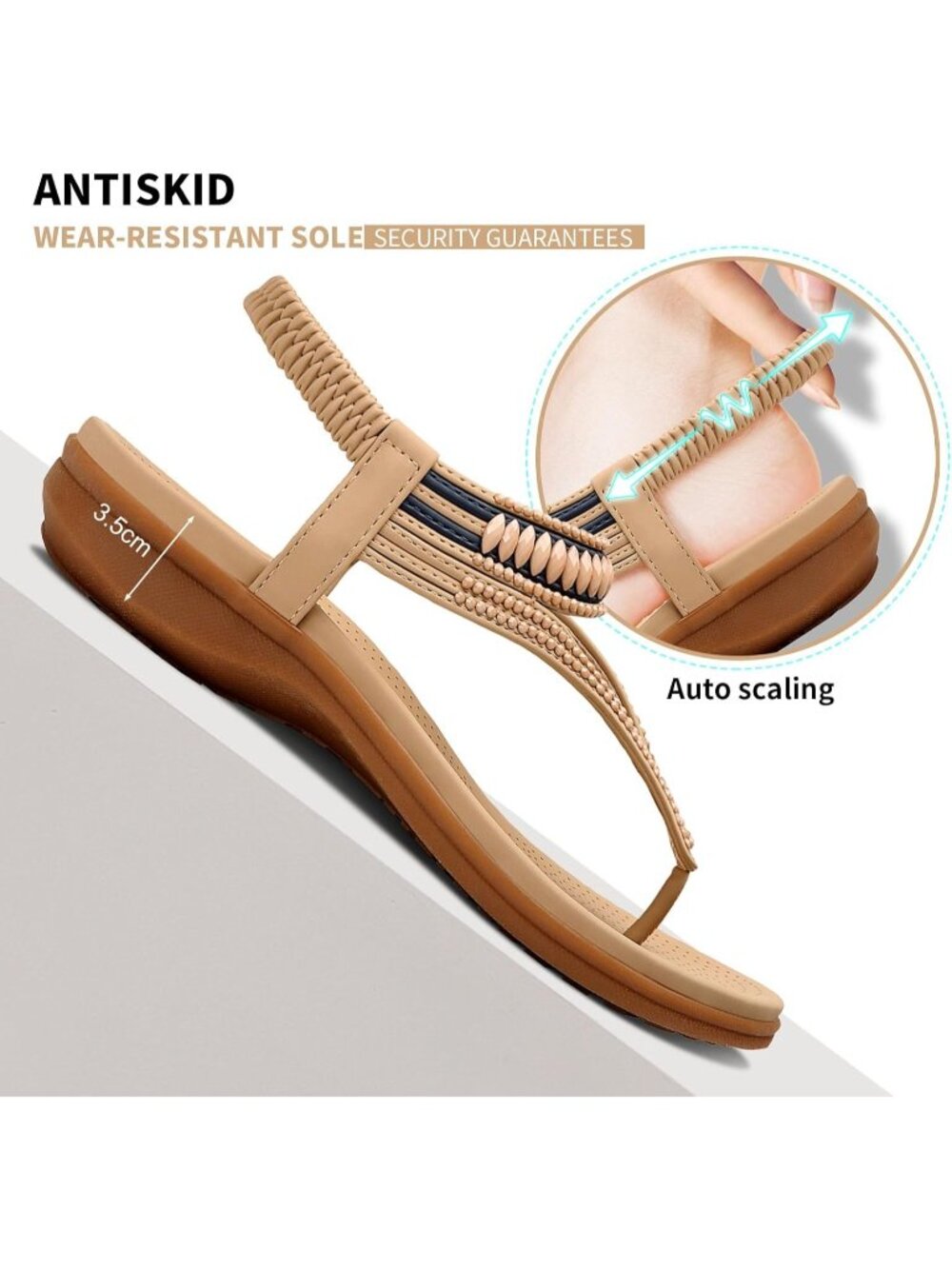 Women's Arch Support Flip Flops Classic Apricot Shoes Ankle Strap Flat Sandals - Picture 6 of 6